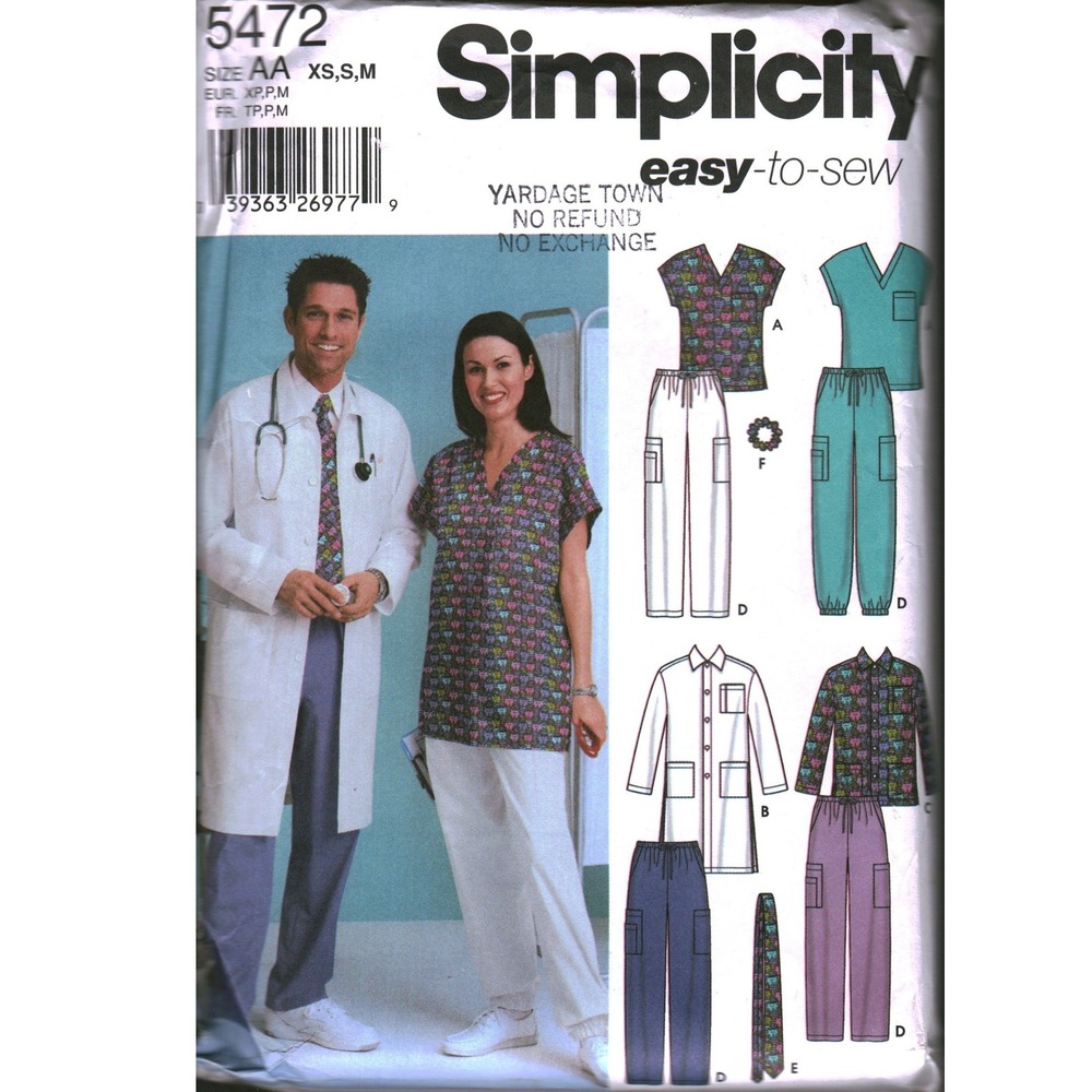Simplicity 5472 Unisex Scrub Top Lab Jacket Pants Tie Pattern Size XS S M AA